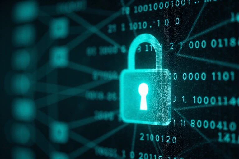 Simbolo di lucchetto digitale su uno sfondo di codice binario, che rappresenta la sicurezza dei dati.